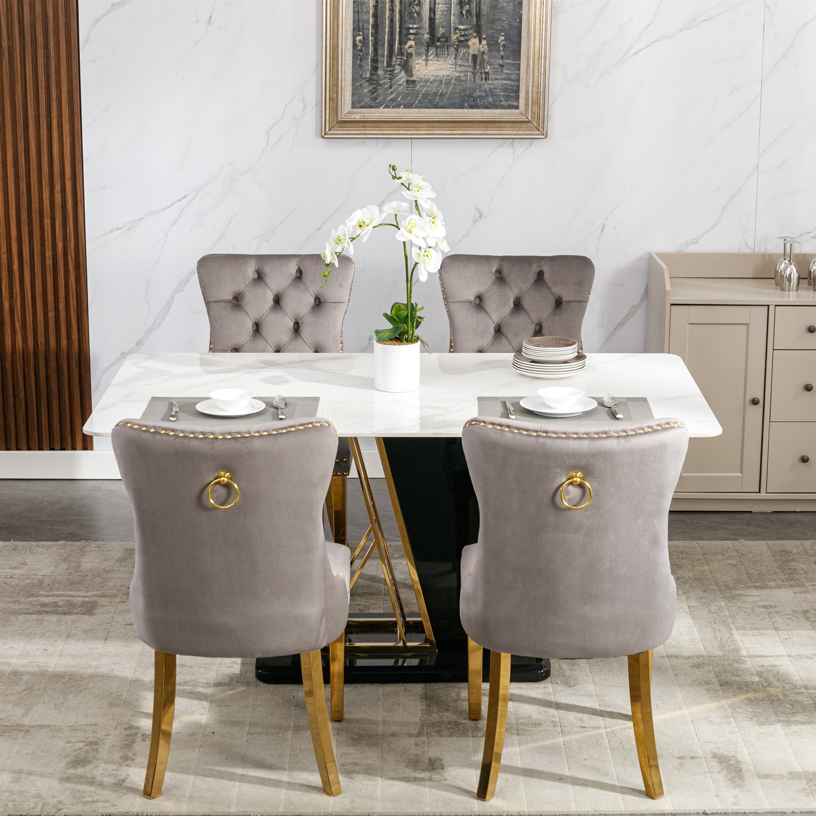 Nikki Collection Modern, High-end Tufted Solid Wood Contemporary Velvet Upholstered Dining Chair with Golden Stainless Steel Plating Legs,Nailhead Trim,Set of 2,Gray and Gold, SW1601GY - Grand Goldman Shop