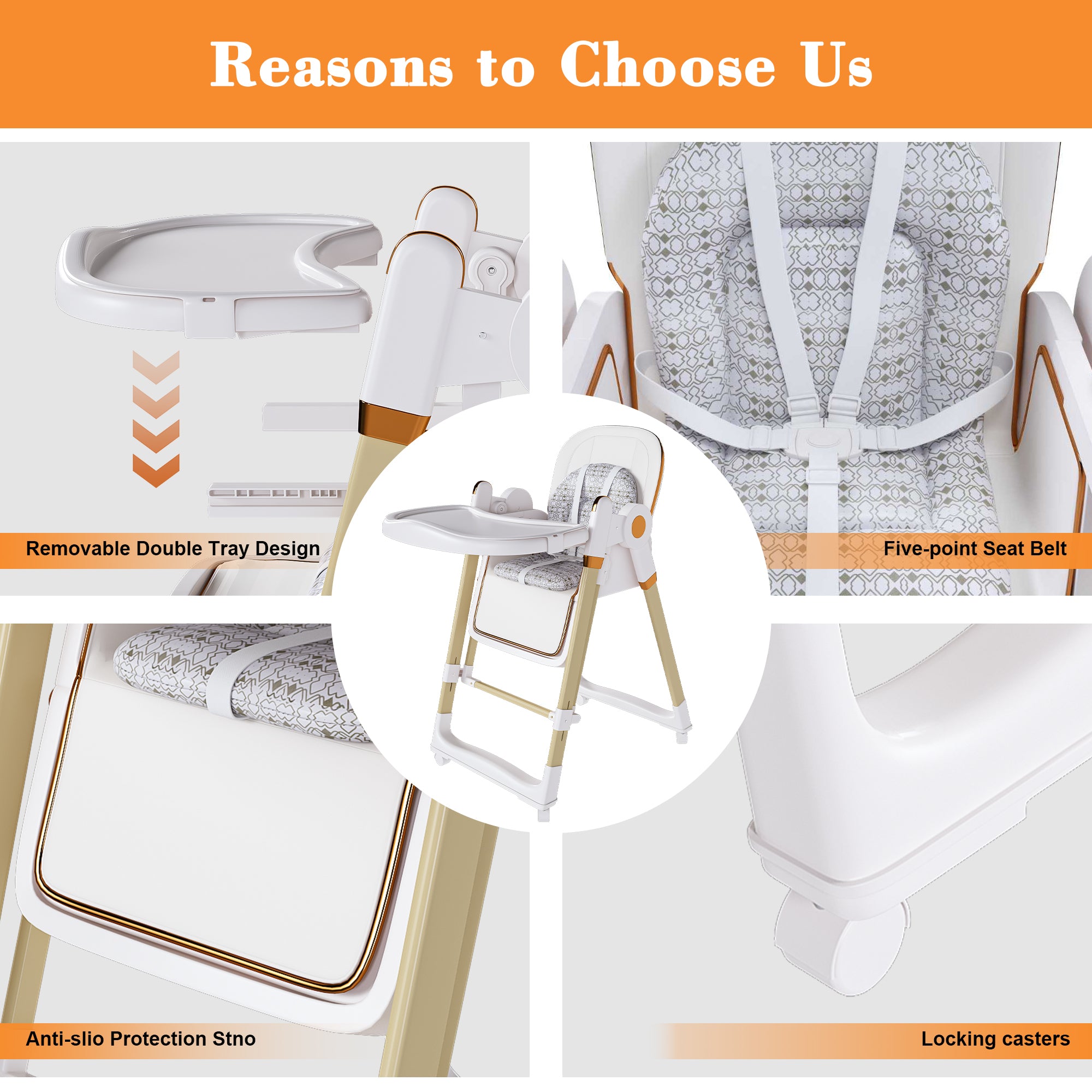 Convertible Baby High Chair to Rocker with 5-Point Harness, Foldable Infant Feeding Chair in White with Removable 2-Tier Easy