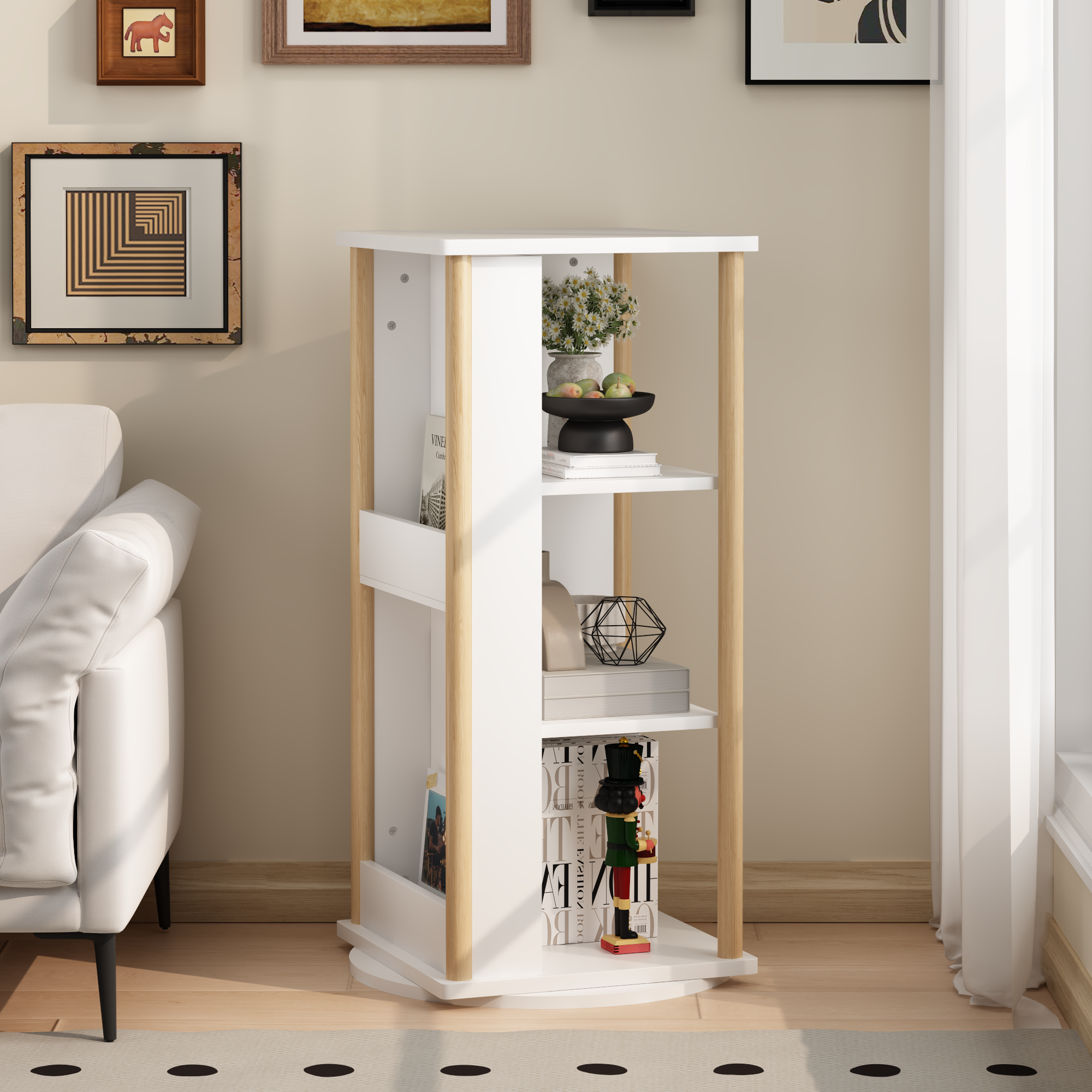 Stylish 360° Rotating Kids Bookshelf with Chalkboard, 3-Tier Wood Floor Revolving Bookcase & Toy Storage Organizer, Picture B