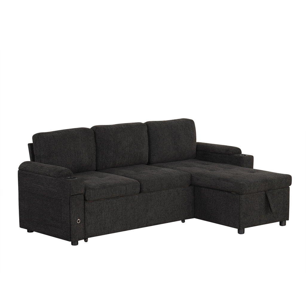Black Convertible L-shaped Sofa Couch with Storage, Cup Holders, USB Ports, Chenille Fabric, 83.5' - Grand Goldman Shop