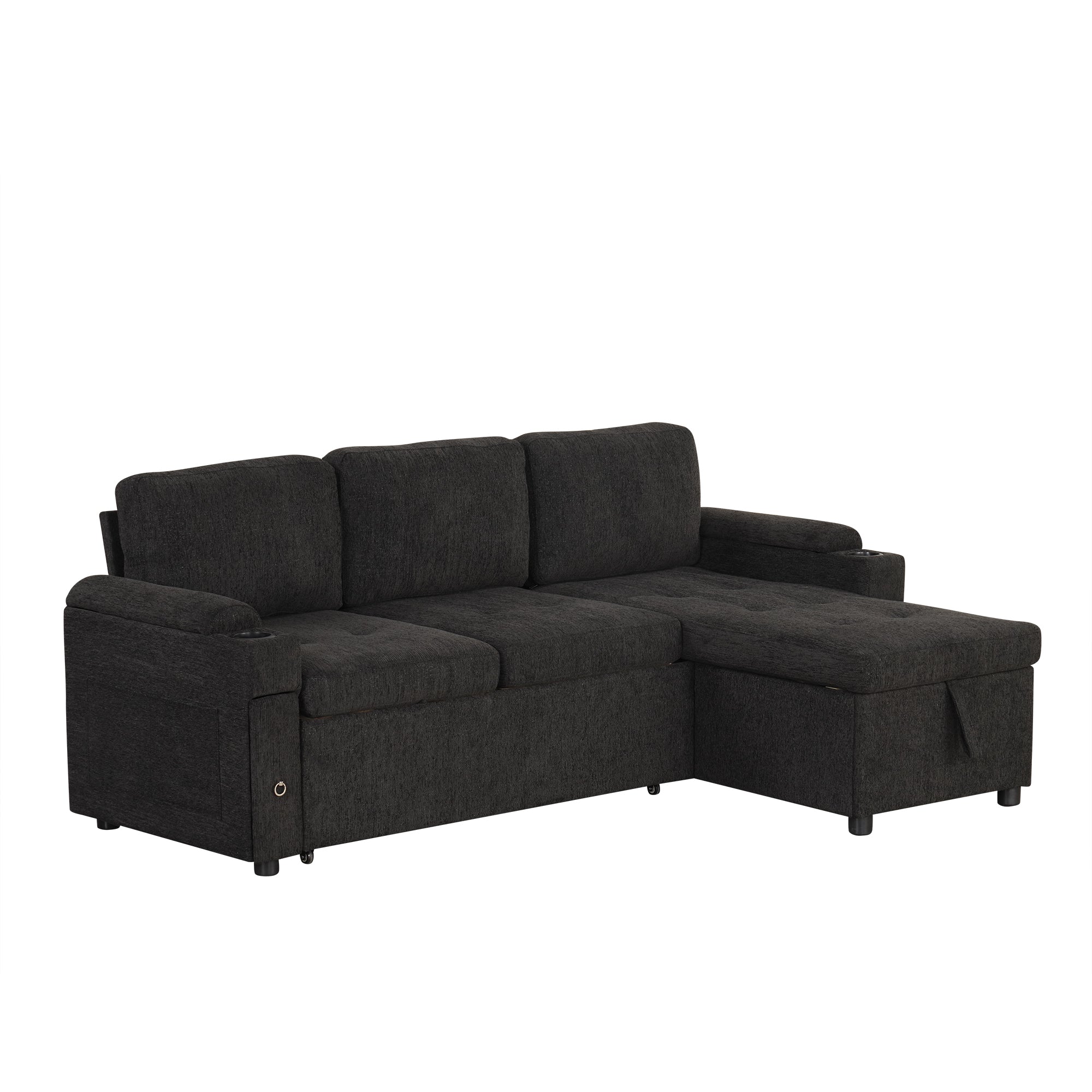 Black Convertible L-shaped Sofa Couch with Storage, Cup Holders, USB Ports, Chenille Fabric, 83.5' - Grand Goldman Shop