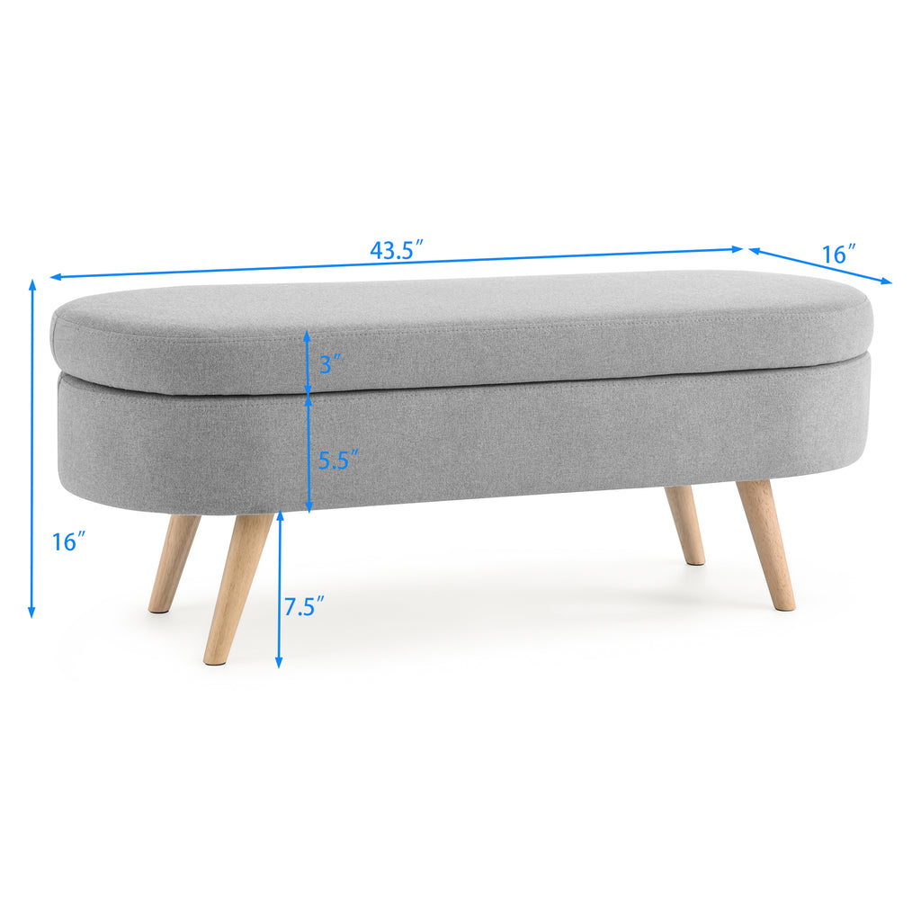 Ottoman Oval Storage Bench with Rubber Wood Legs, Grey Linen, 43.5'x16'x16' - Grand Goldman Shop