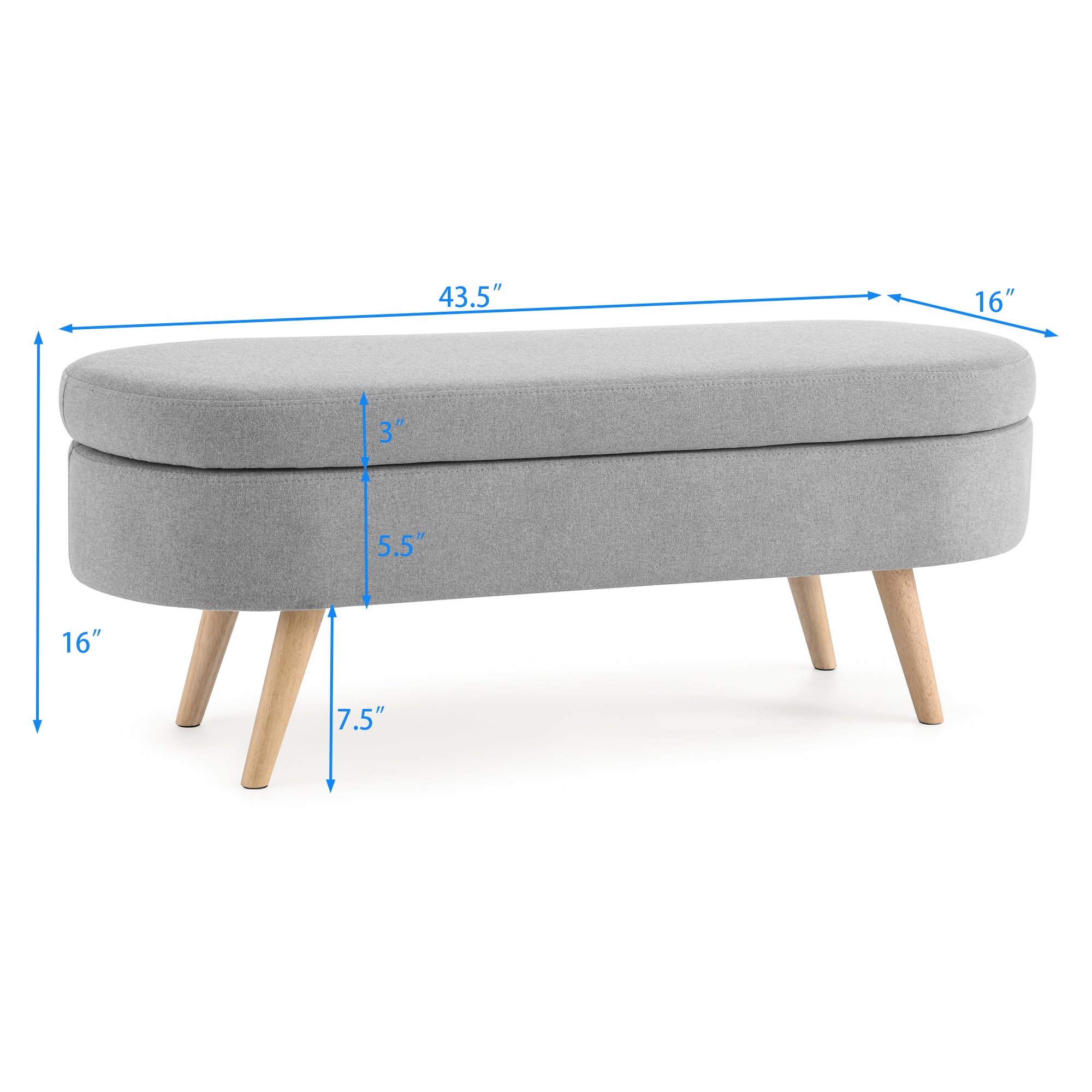 Ottoman Oval Storage Bench with Rubber Wood Legs, Grey Linen, 43.5'x16'x16' - Grand Goldman Shop