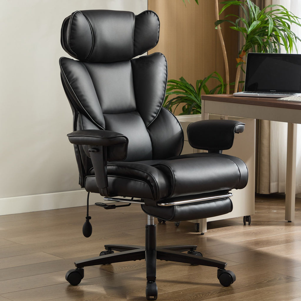 Office Chair with Foot Rest and Waist Lumber Support, Ergonomic Gaming Chair with Adjustable Height Headrest, High-Back Leath