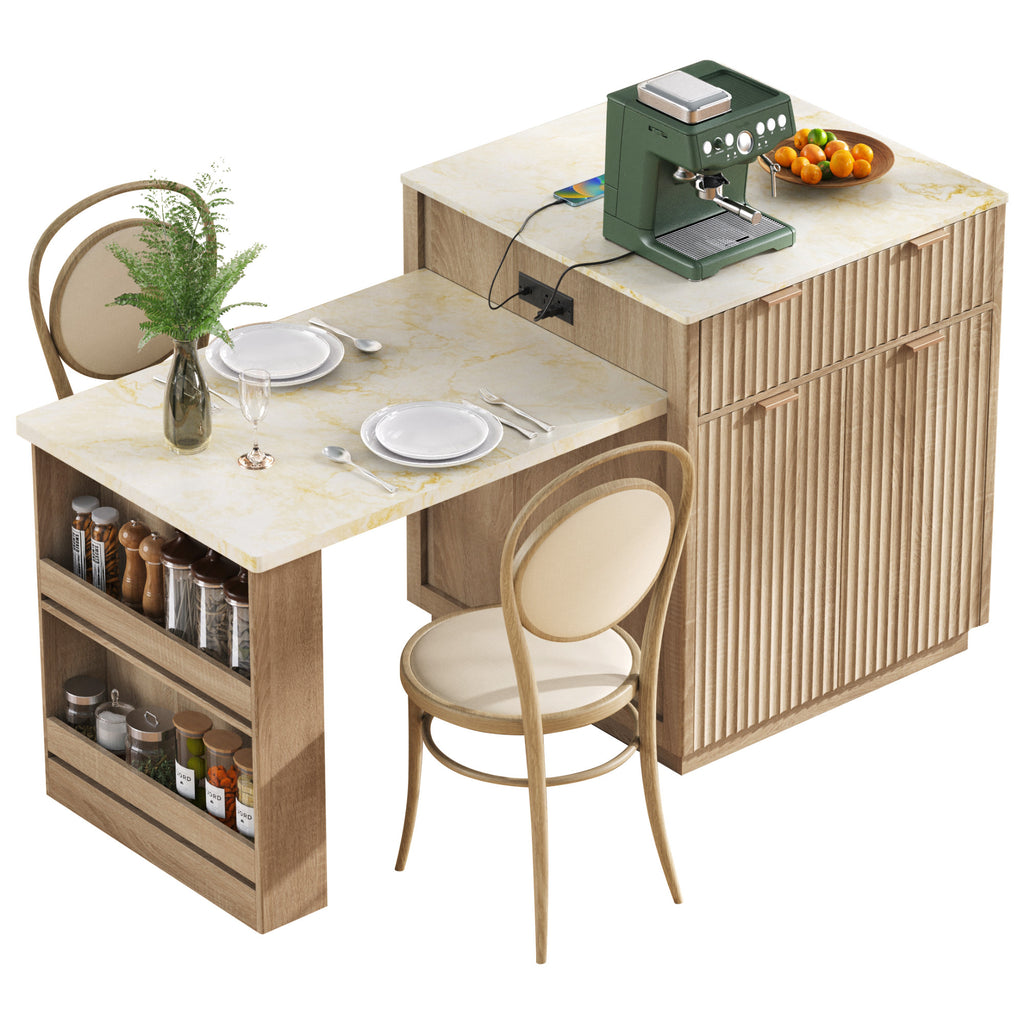 K&K 82.6' Fluted Kitchen Island with Extendable Dining Table for 4-6, Island Table for Kitchen with Power Outlet, Kitchen Table with Double-Side Storage, 2 Drawers 2 Side Open Shelves, Natural - Grand Goldman Shop