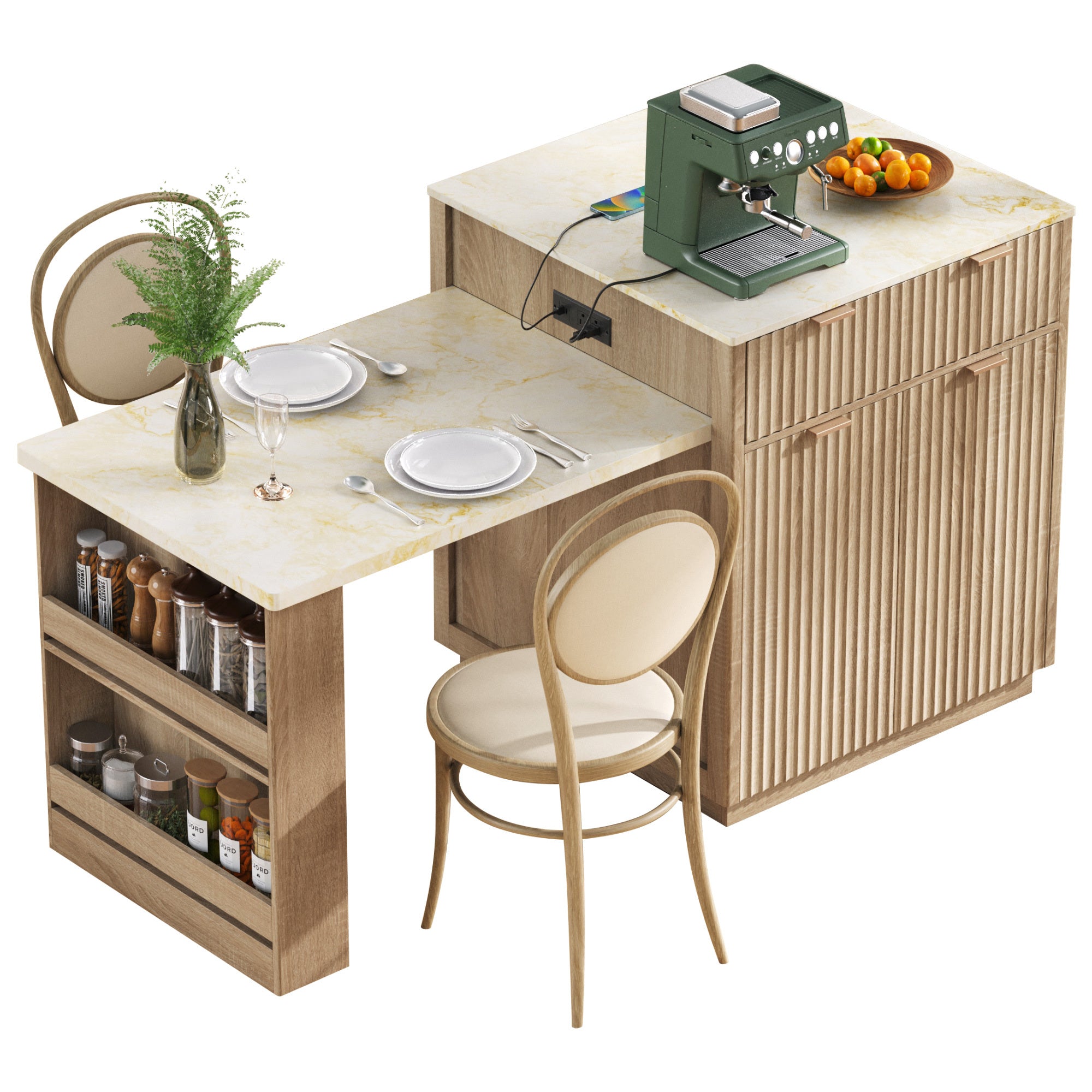 K&K 82.6' Fluted Kitchen Island with Extendable Dining Table for 4-6, Island Table for Kitchen with Power Outlet, Kitchen Table with Double-Side Storage, 2 Drawers 2 Side Open Shelves, Natural - Grand Goldman Shop