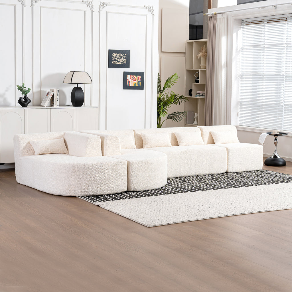Modern Upholstered L-Shape Sofa with Chaise Lounge and Back Pillows, Beige Boucle Fabric, 144 inches - Grand Goldman Shop