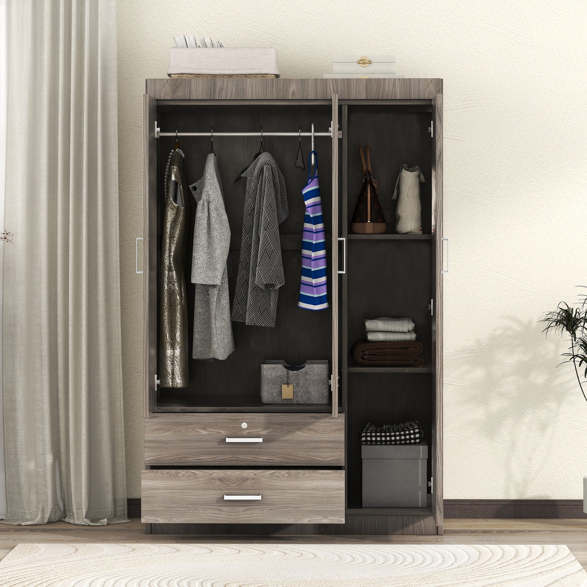 3-Door Wardrobe with 2 Drawers, Wood Grain Effect in Gray(OLD SKU:LP006001) - Grand Goldman Shop