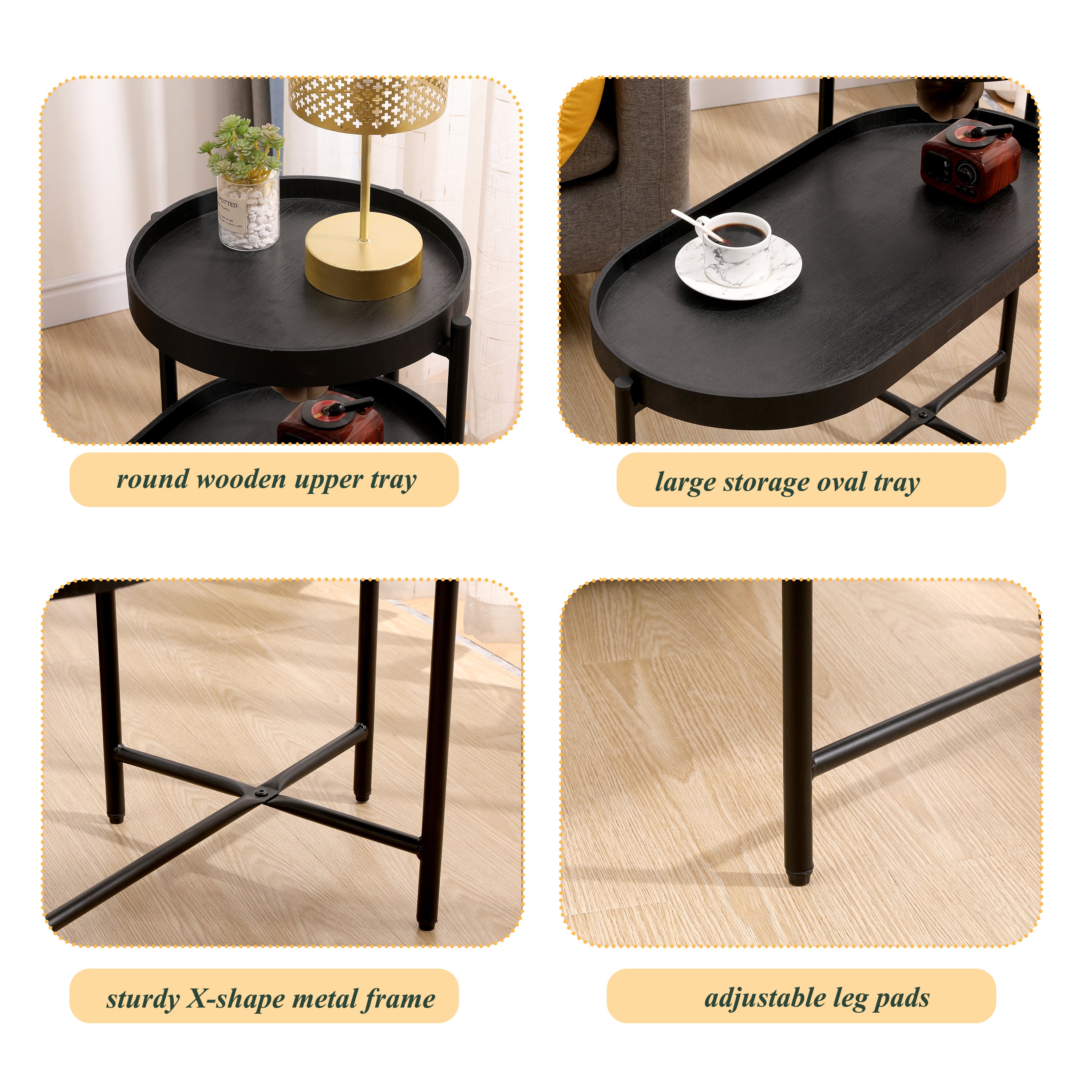 2-Tier Black Side Table with Storage Sofa Table for Living Room Metal Frame & Wooden Desk End Table - Grand Goldman Shop