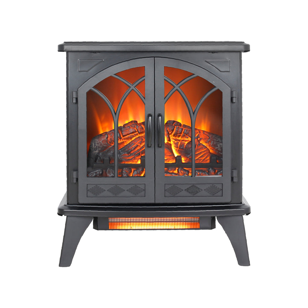 Classical 24-Inch 3D Flame Electric Infrared Quartz Fireplace Stove with Remote Control, Antique Black, Tempered Glass & Sheet Metal - Grand Goldman Shop