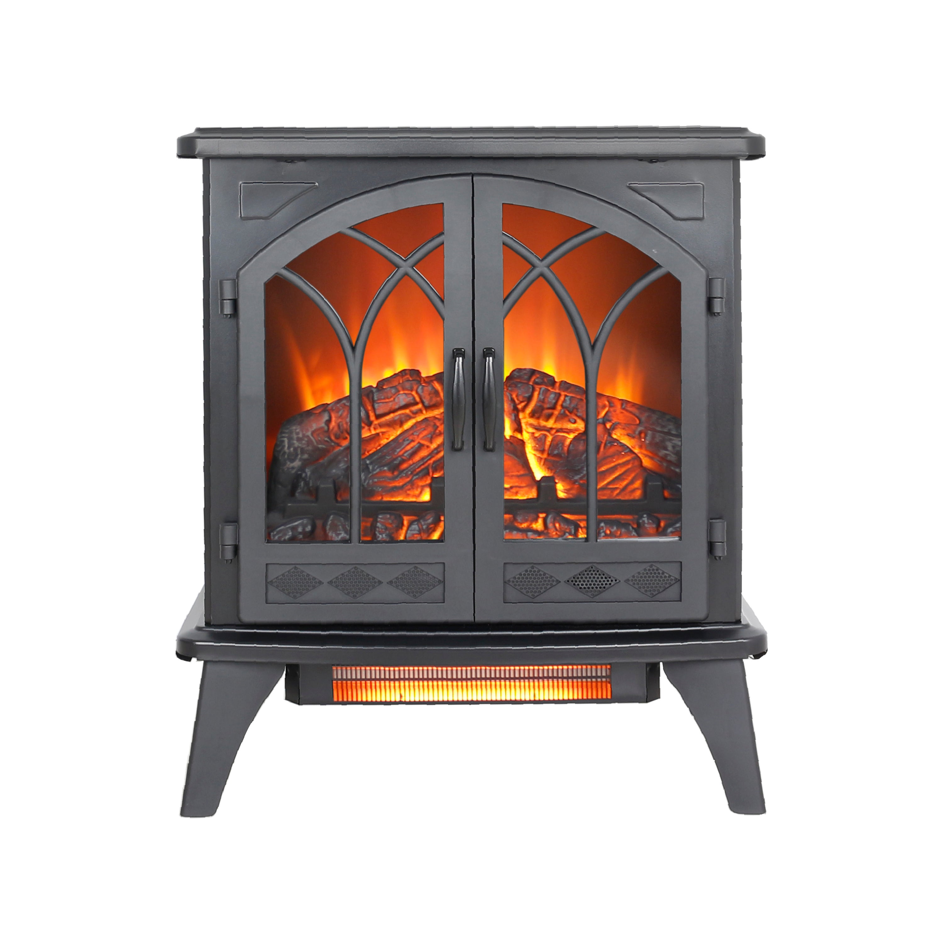 Classical 24-Inch 3D Flame Electric Infrared Quartz Fireplace Stove with Remote Control, Antique Black, Tempered Glass & Sheet Metal - Grand Goldman Shop