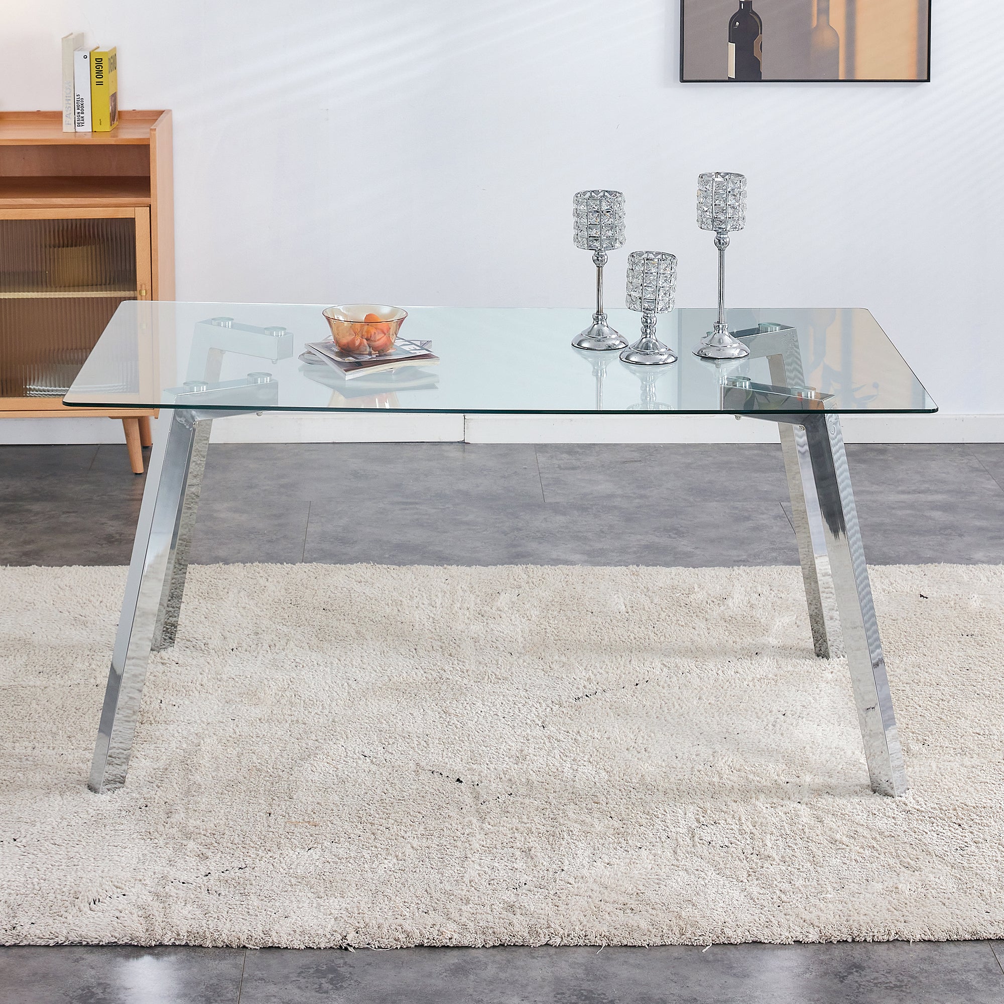 A modern minimalist rectangular glass dining table with tempered glass tabletop and silver metal legs, suitable for kitchens, restaurants, and living rooms,63'*35.4'*30' - Grand Goldman Shop