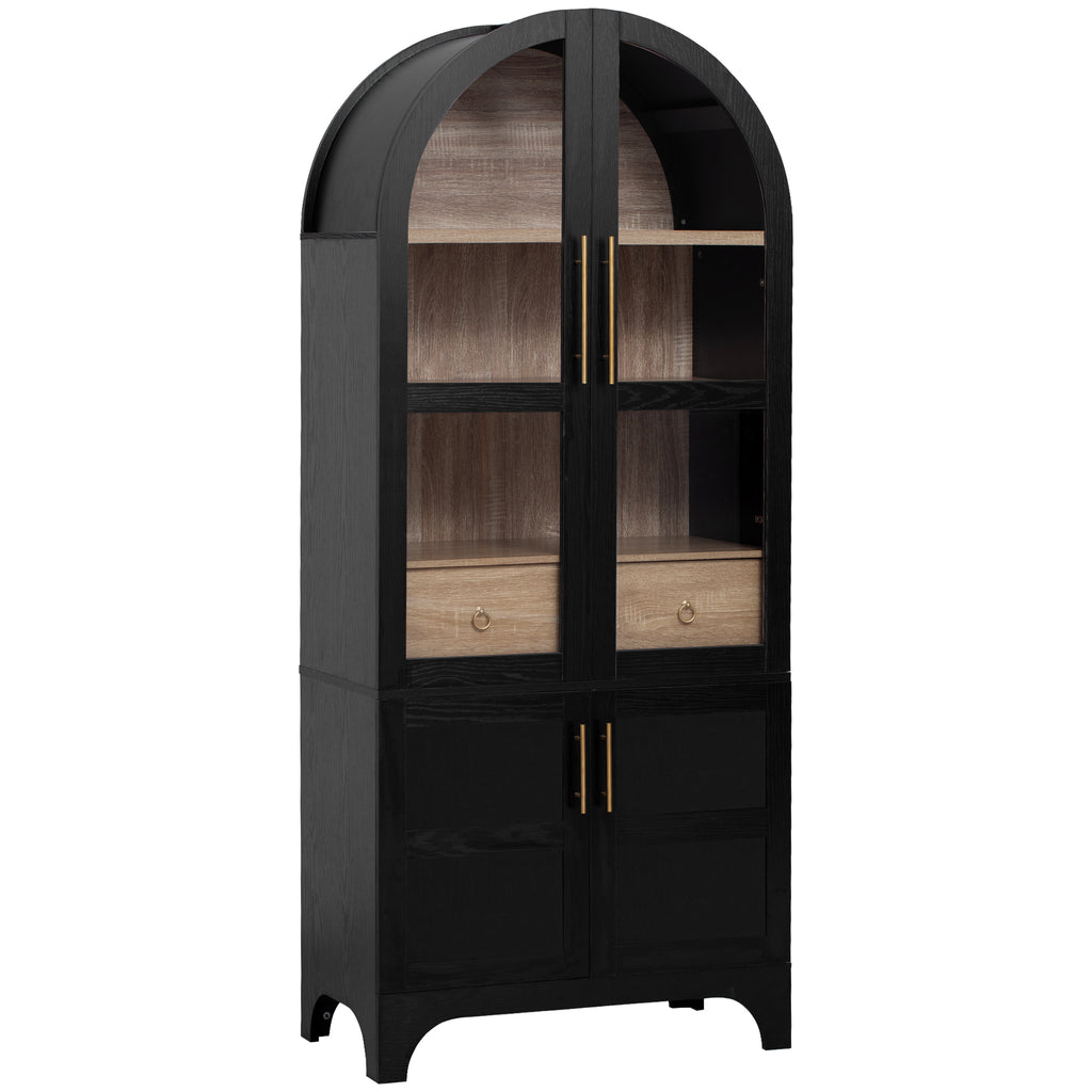 K&K 71' Tall Arched Kitchen Pantry Cabinet with Door Shelves, Farmhouse Kitchen Storage Cabinet with Open & Adjustable Shelves, Hidden Drawer & Glass Door, Cupboard for Kitchen, Dining Room, Black - Grand Goldman Shop
