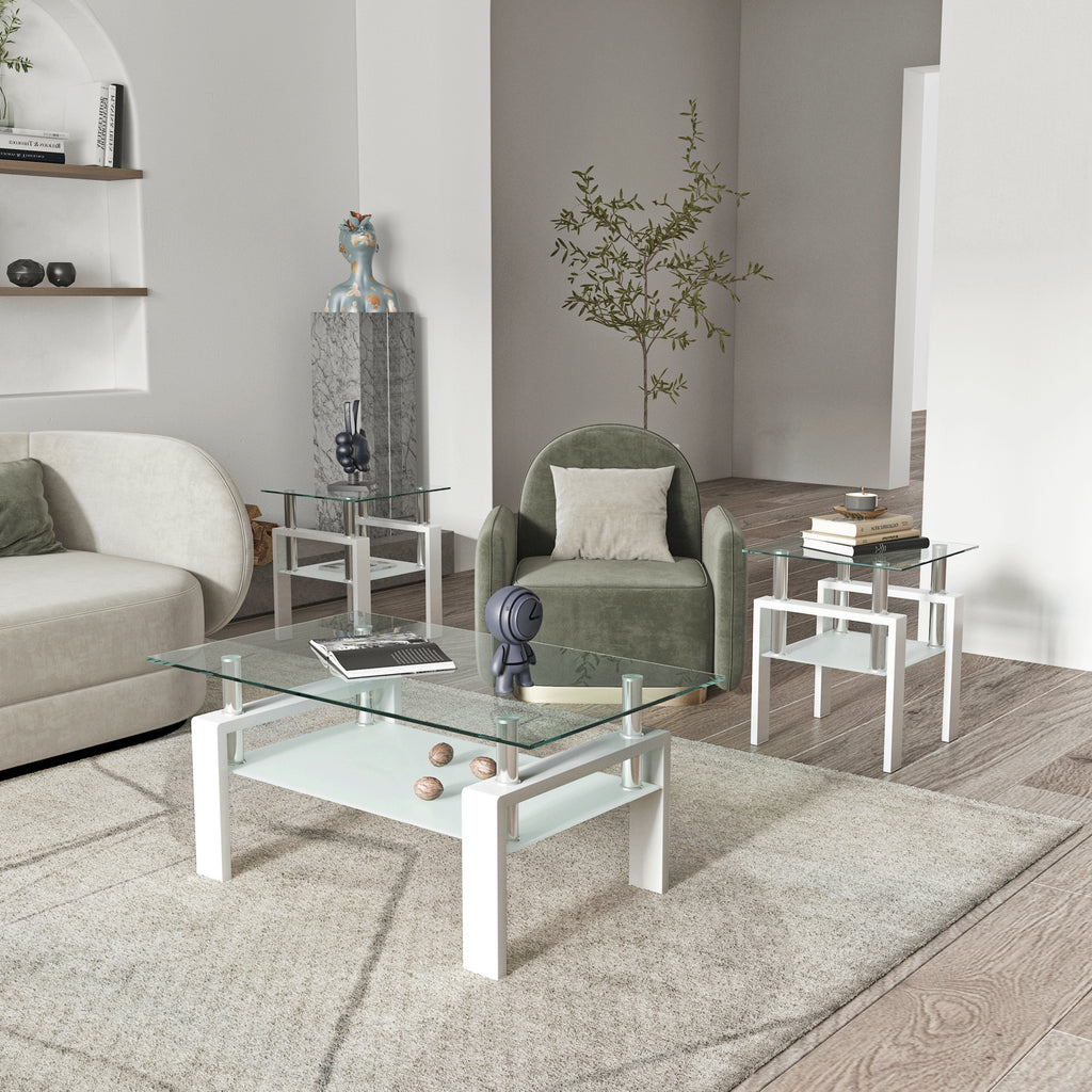 Set of 2, Modern Tempered Glass Tea Table Coffee Table End Table, Square Table for Living Room, Transparent/White - Grand Goldman Shop