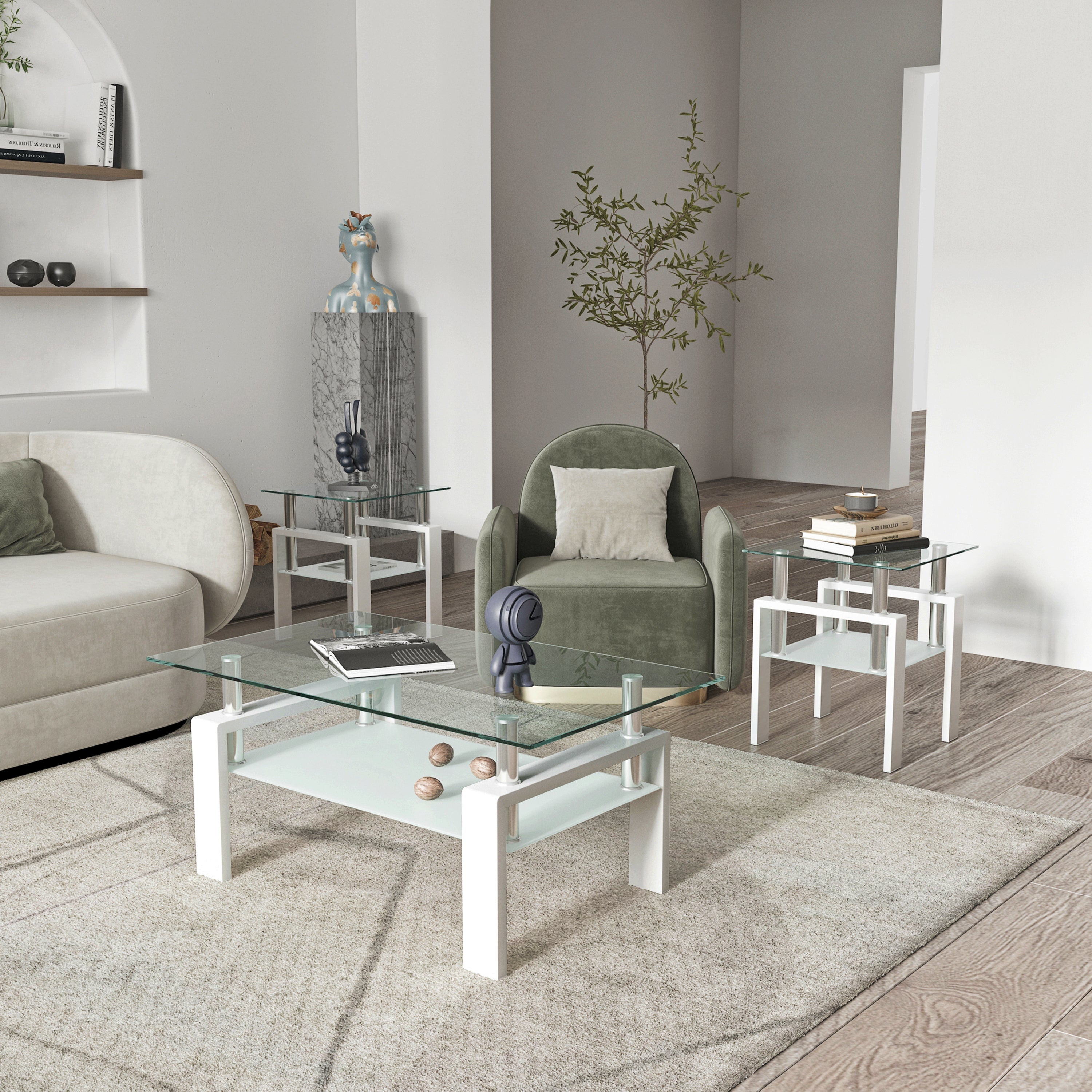 Set of 2, Modern Tempered Glass Tea Table Coffee Table End Table, Square Table for Living Room, Transparent/White - Grand Goldman Shop