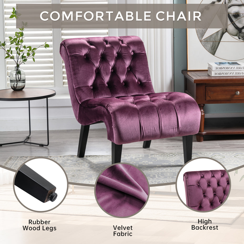 COOLMORE Modern Velvet Armless Accent Living Room Chair / Leisure Chair,Upholstered Fabric Button Comfortable Chair with Wooden Legs for Bedroom, Living Room, Office (Purple Velvet) - Grand Goldman Shop