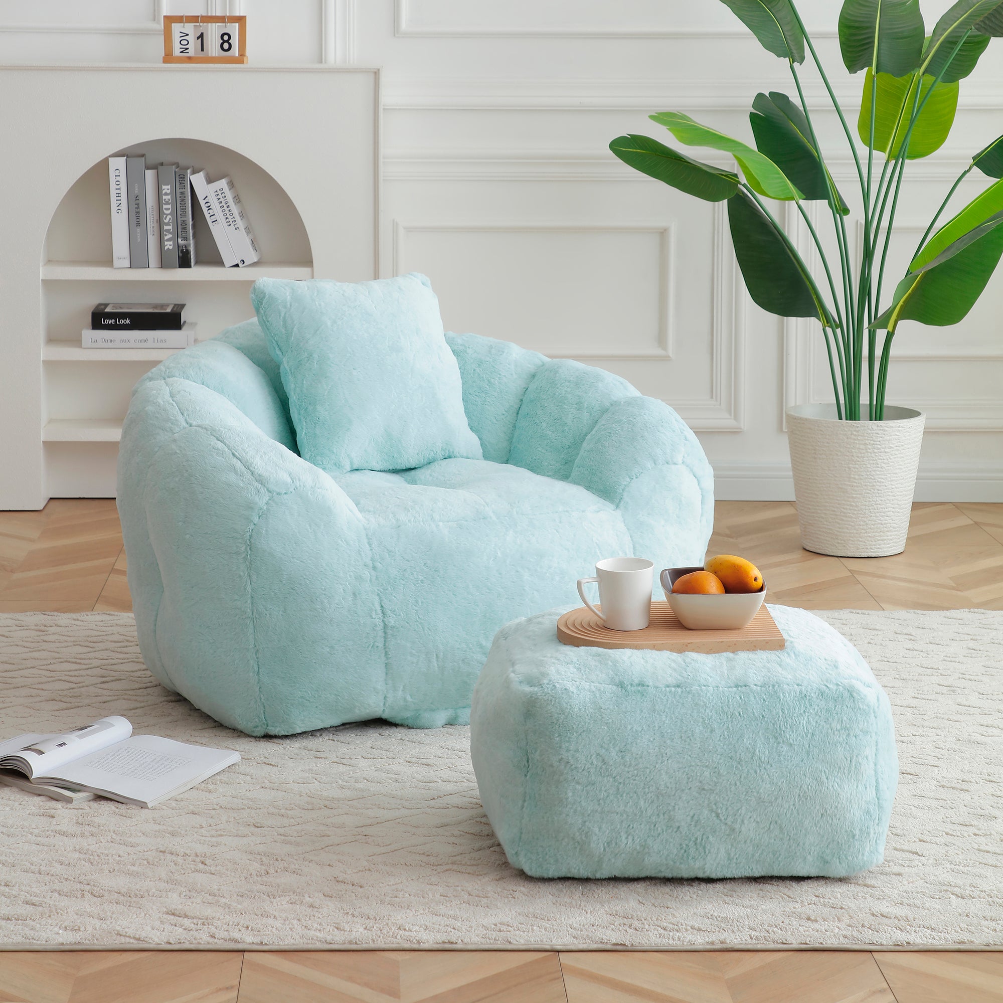 Giant Bean Bag Chair withFootstool, Oversized Bean Bag  for Adults and Kids, Faux Fur Shell-Shaped Large Chair with Filler, Stuffed Big Accent Sofa,  Floor Sofa for Gaming,Reading Living Room Bedroom - Grand Goldman Shop