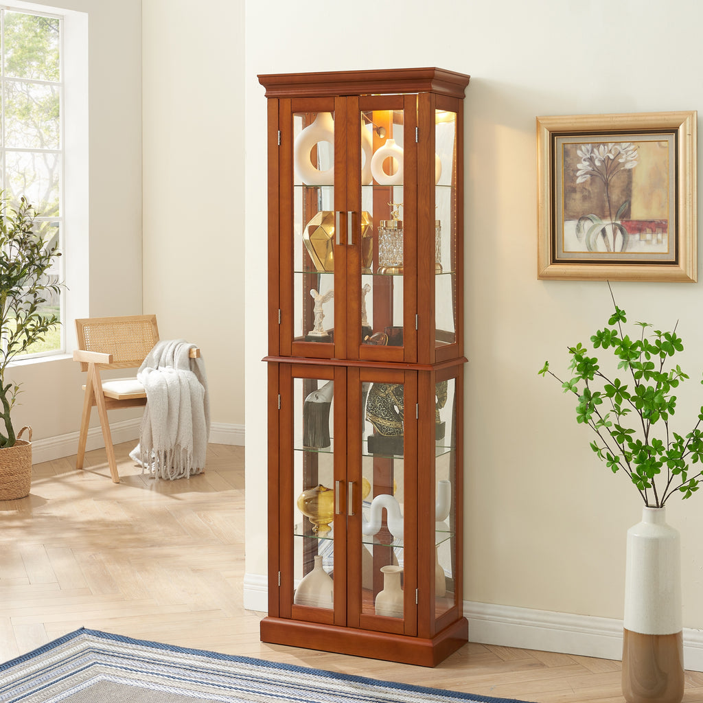 Lighted Curio Cabinet with Adjustable Shelves, Mirrored Back, and Tempered Glass Doors, 6-Tier Walnut Finish - Grand Goldman Shop