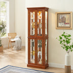 Lighted Curio Cabinet with Adjustable Shelves, Mirrored Back, and Tempered Glass Doors, 6-Tier Walnut Finish - Grand Goldman Shop