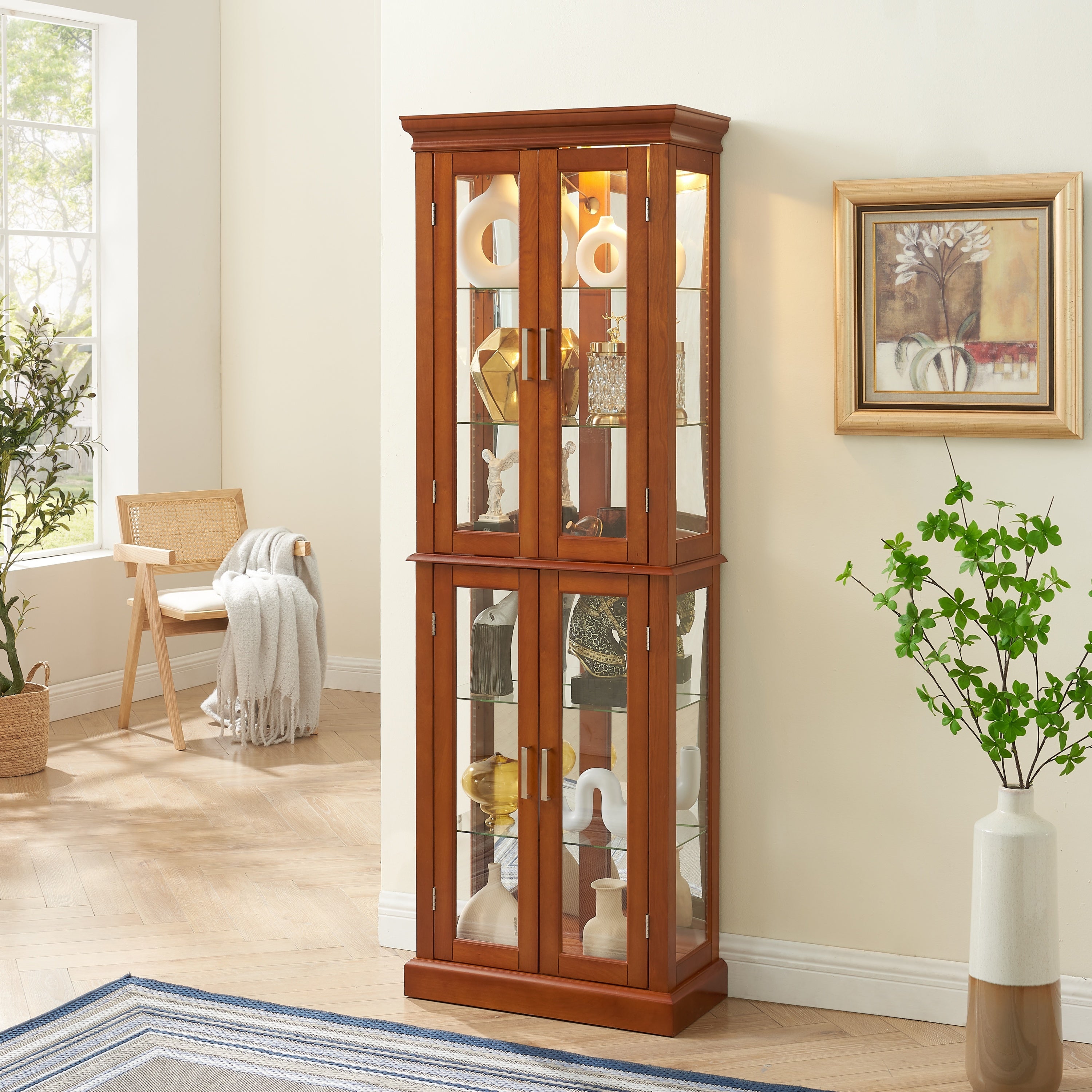 Lighted Curio Cabinet with Adjustable Shelves, Mirrored Back, and Tempered Glass Doors, 6-Tier Walnut Finish - Grand Goldman Shop