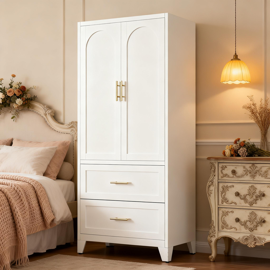 71' Tall Metal Wardrobe Cabinet with 2 Drawers and Hanging Rod, 2 Doors Wardrobe Closet with Shelf for Bedroom, Office, Laundry Room,Entryway ,Foyer,Guesthouse (White) - Grand Goldman Shop