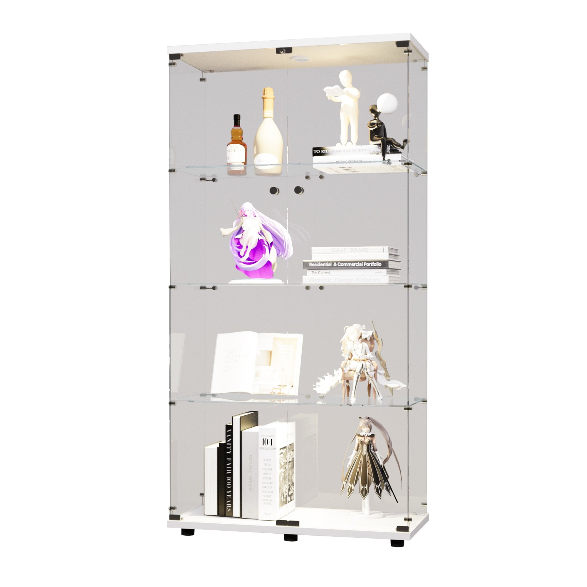 Two-door LED lights  Glass Display Cabinet 4 Shelves with Door, Floor Standing Curio Bookshelf for Living Room Bedroom Office