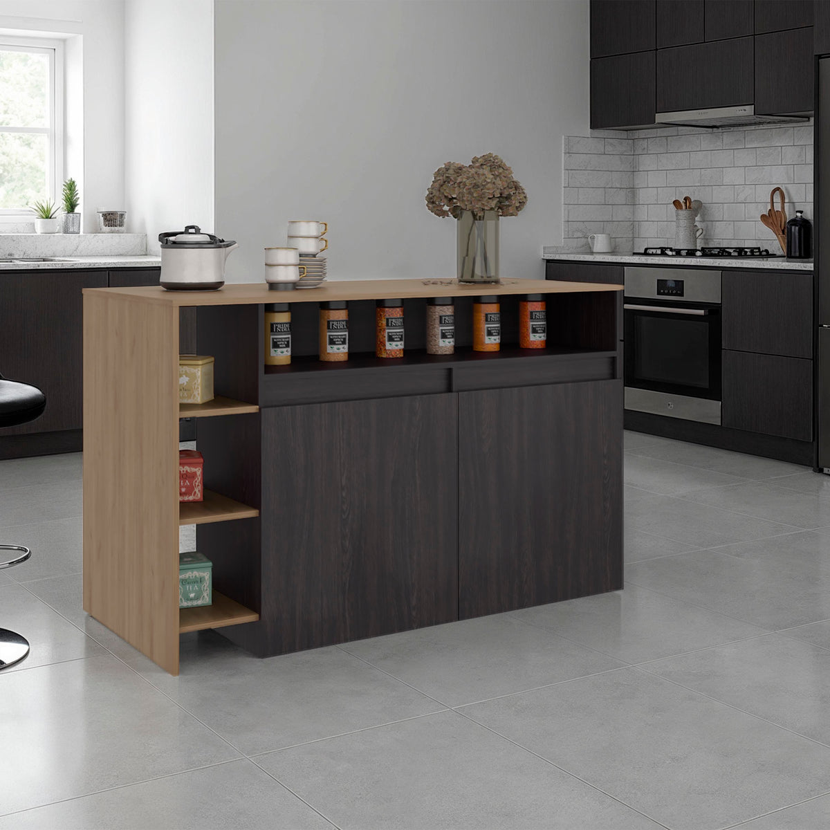 Elgin Kitchen Bar Counter with Ample Storage and Shelves, Black Wengue / Natural Oak - Grand Goldman Shop