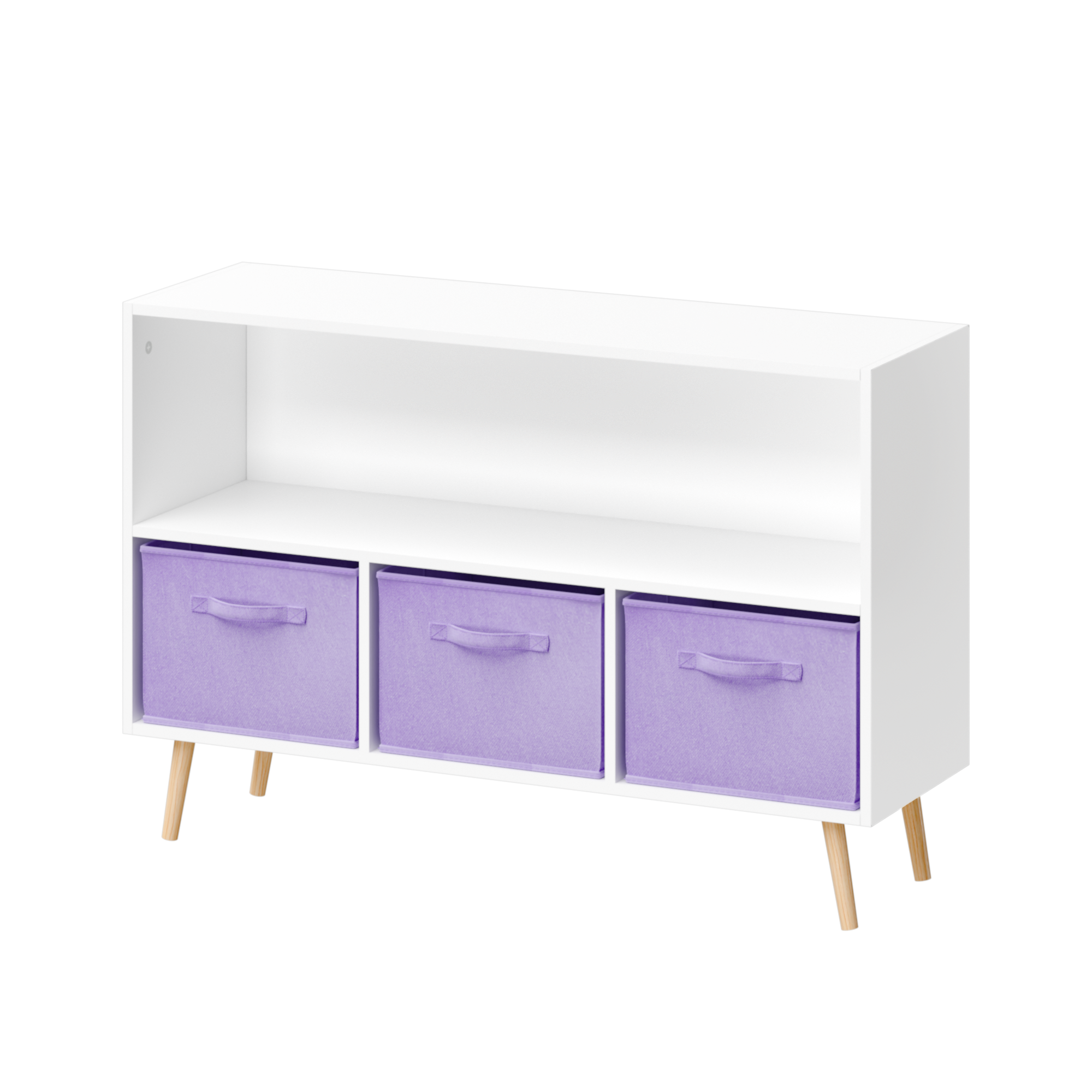 Kids Bookcase with Collapsible Fabric Drawers, Children's Book Display Organizer in White and Purple, MDF with Pine Legs - Gr