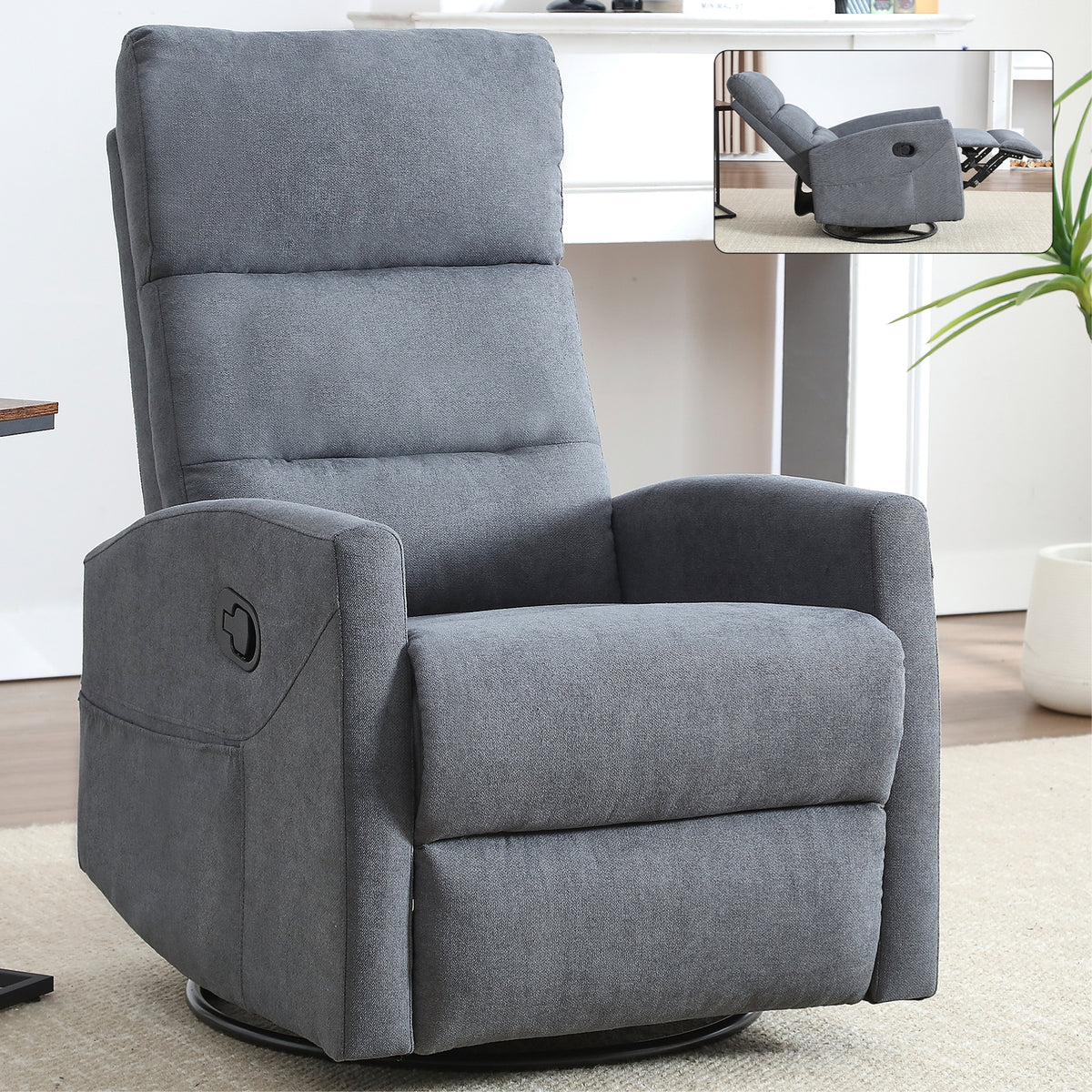 Manual Recliner Chair with Rocker and Swivel in Fabric for Living Room, Grey - Grand Goldman Shop