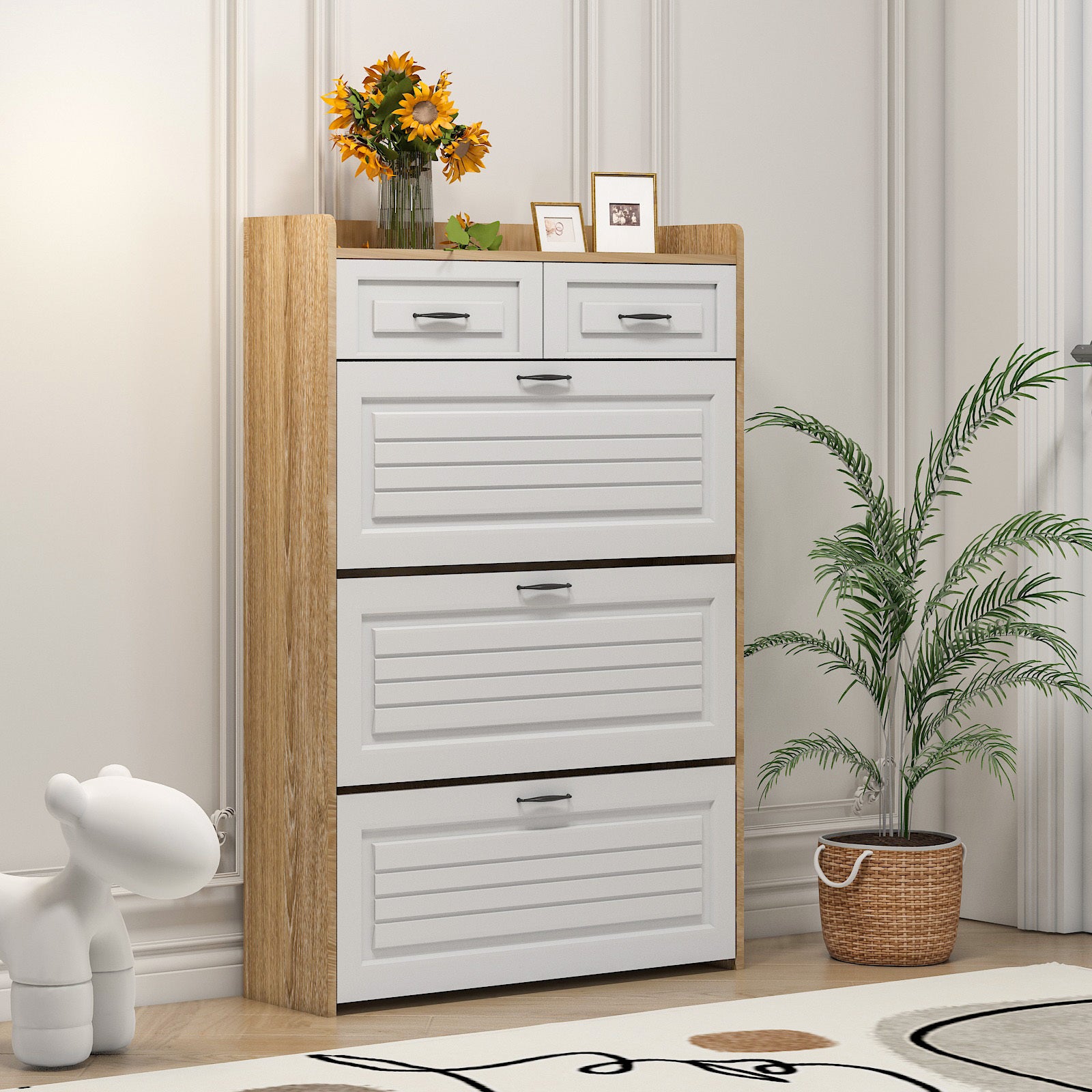 1250 White +Oak Color shoe cabinet  with 3 doors 2 drawers,large space for storage - Grand Goldman Shop