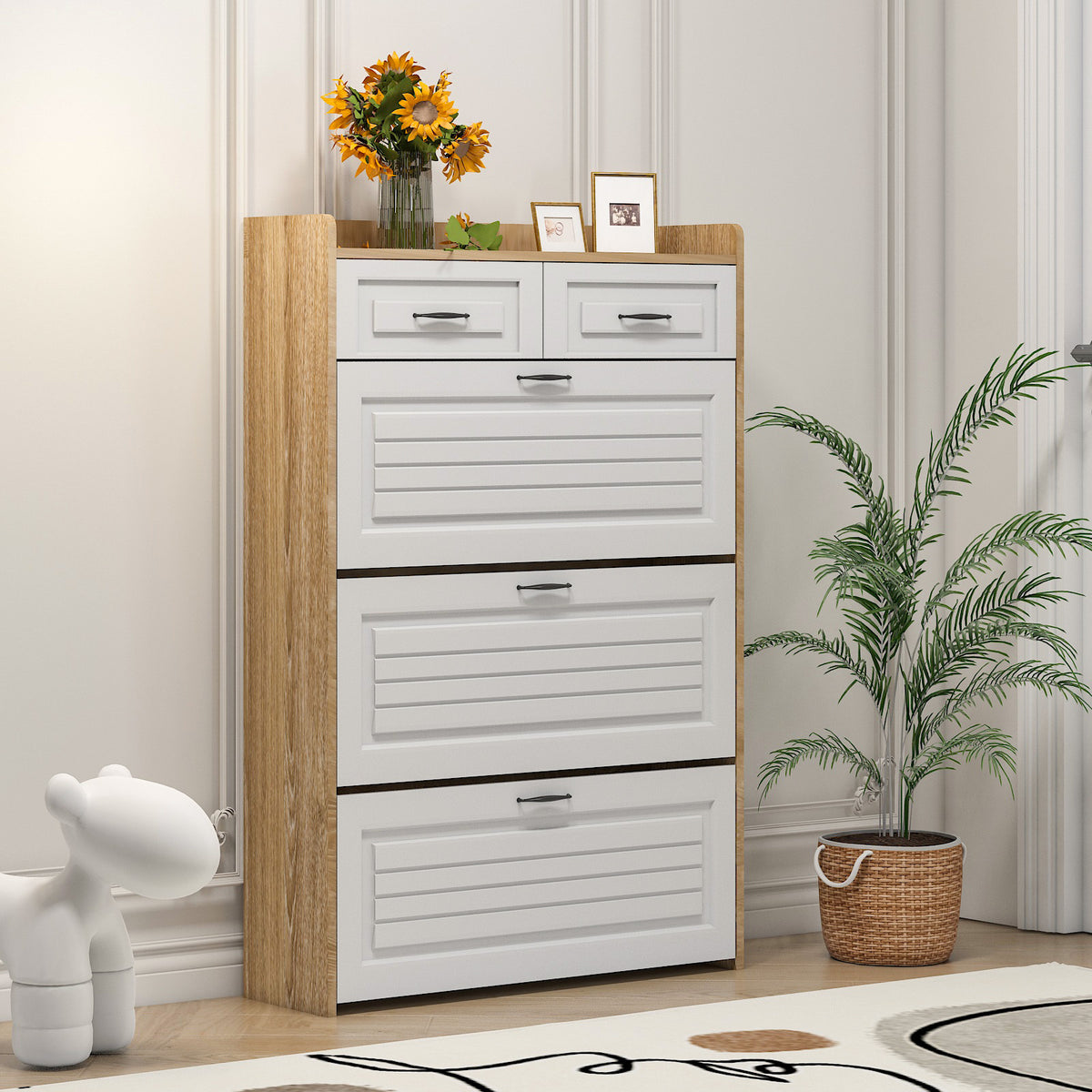 1250 White +Oak Color shoe cabinet  with 3 doors 2 drawers,large space for storage - Grand Goldman Shop
