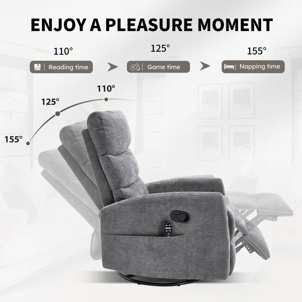 Heat Massage Manual Recliner Chair with Rocker and Swivel in Fabric for Living Room, GREY - Grand Goldman Shop
