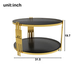 Modern Black Mirror Coffee Table, Asymmetrical Metal, Circular Metal Drum Base, Gold Finish & Lower Shelf - Grand Goldman Shop