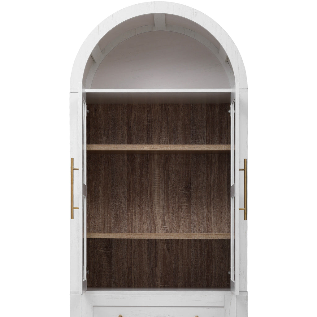 K&K 71' Tall Arched Kitchen Pantry Cabinet with 2 Large Drawers, Modern Farmhouse Kitchen Storage Cabinets with Adjustable Shelves, Glass Door, Wood Versatile Cupboard for Kitchens, Dining Room, White - Grand Goldman Shop