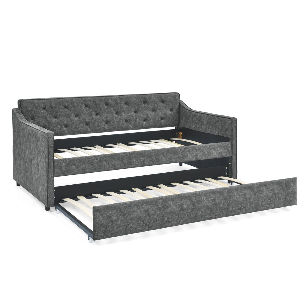 Mid-Century Grey Upholstered Twin Daybed with Trundle, Waved Arms, Eucalyptus Wood Frame, 80.5''x44.5''x33.5'' - Grand Goldman Shop
