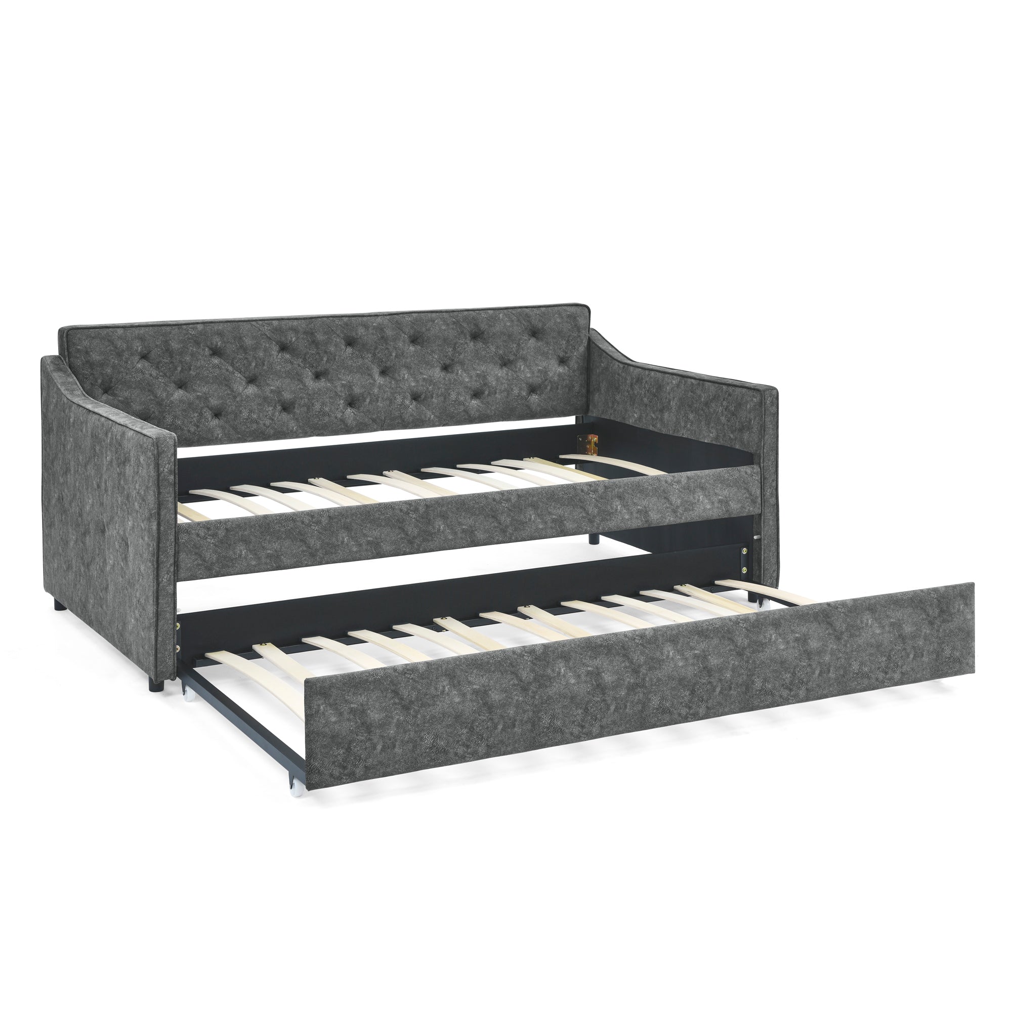 Mid-Century Grey Upholstered Twin Daybed with Trundle, Waved Arms, Eucalyptus Wood Frame, 80.5''x44.5''x33.5'' - Grand Goldman Shop