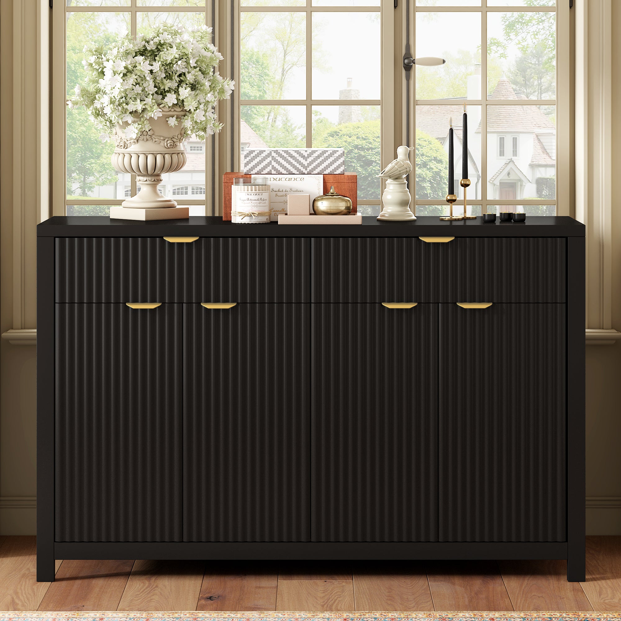 U_STYLE Modern 55.1'' Sideboard Buffet Cabinet with 2 Drawers & 4 Doors, Adjustable Shelves, Wave-Pattern Design, Aluminum Handles, Painted MDF, Scandinavian Storage for Dining Room, Living Room - Grand Goldman Shop