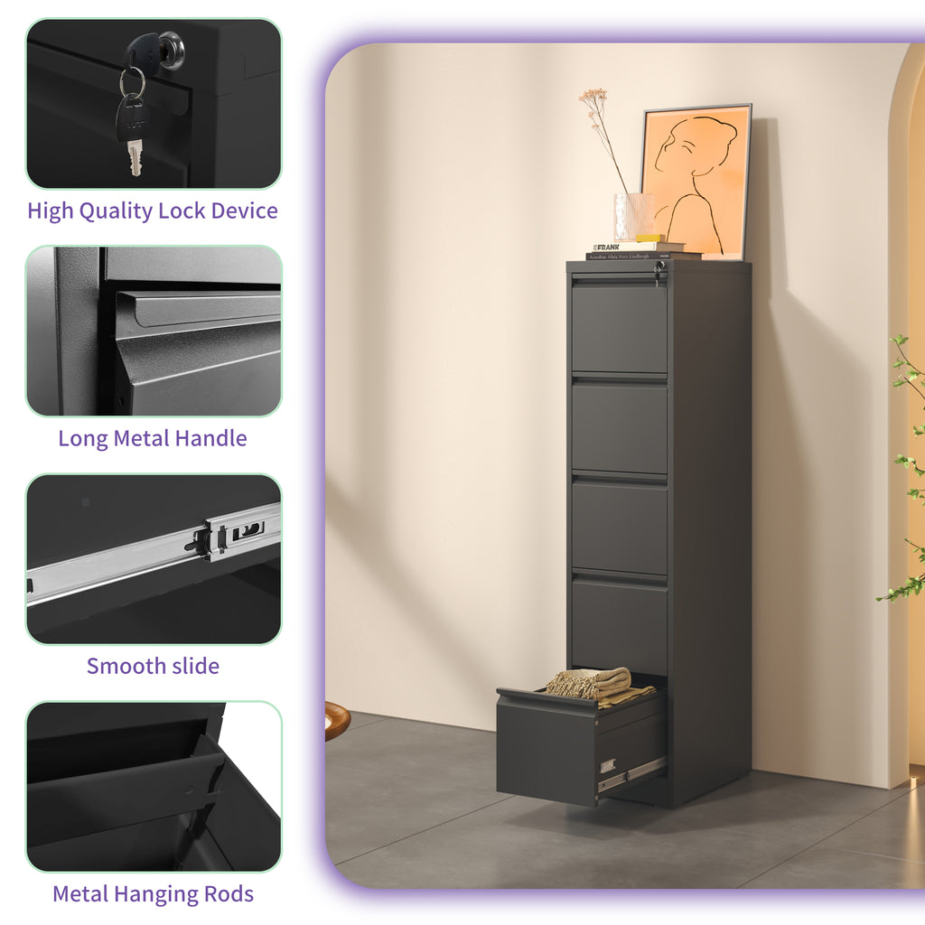 SteelCraft Pro 5 Drawer Metal Vertical File Cabinet with Lock, Black, Steel, 64.17 inches | Premium Home Decor - Grand Goldma