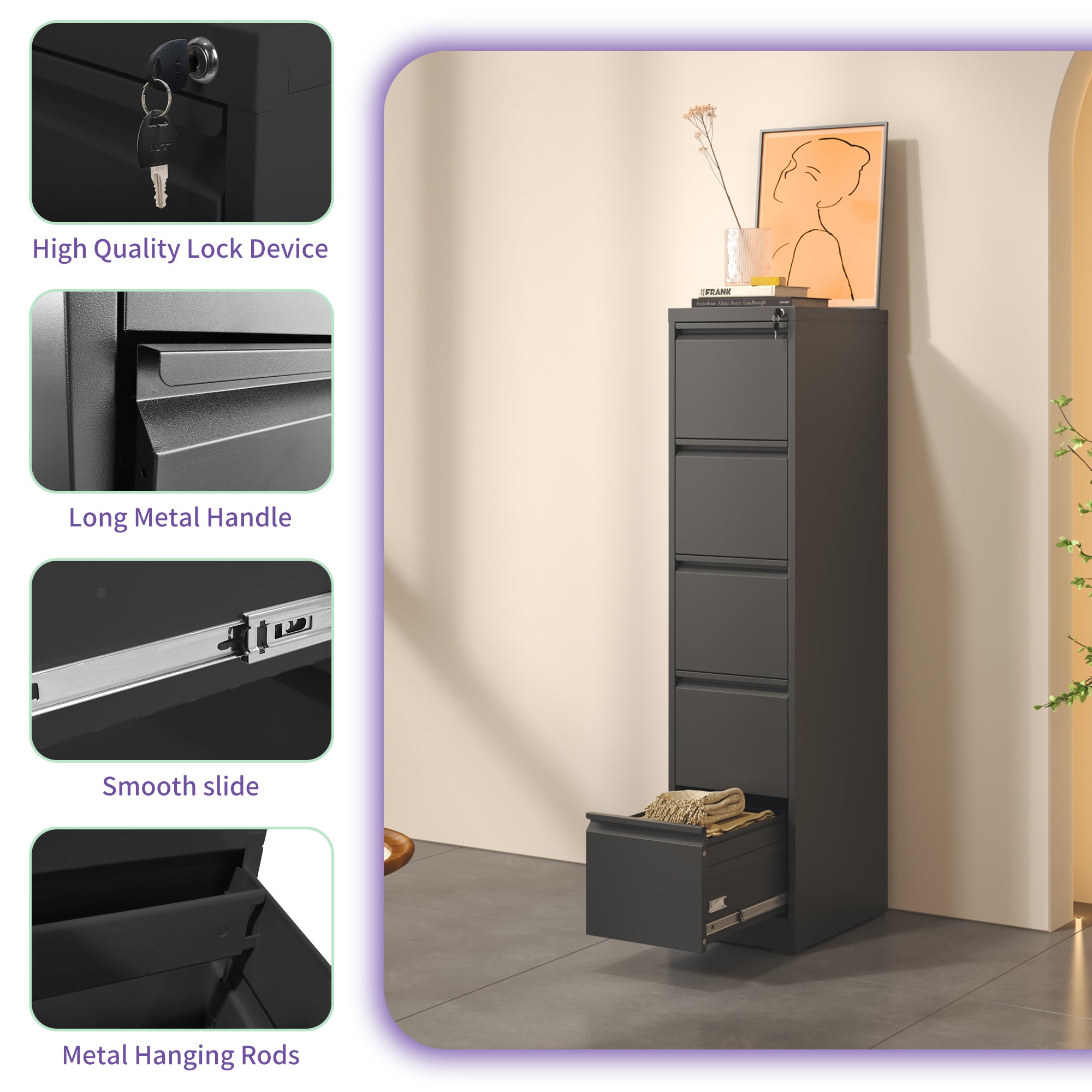 SteelCraft Pro 5 Drawer Metal Vertical File Cabinet with Lock, Black, Steel, 64.17 inches | Premium Home Decor - Grand Goldma