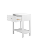 White Nightstand with Drawer and Open Shelf, Modern Wave Pattern Bedside Table, Solid Wood Frame End Table for Bedroom, Living Room, Small Spaces - Grand Goldman Shop