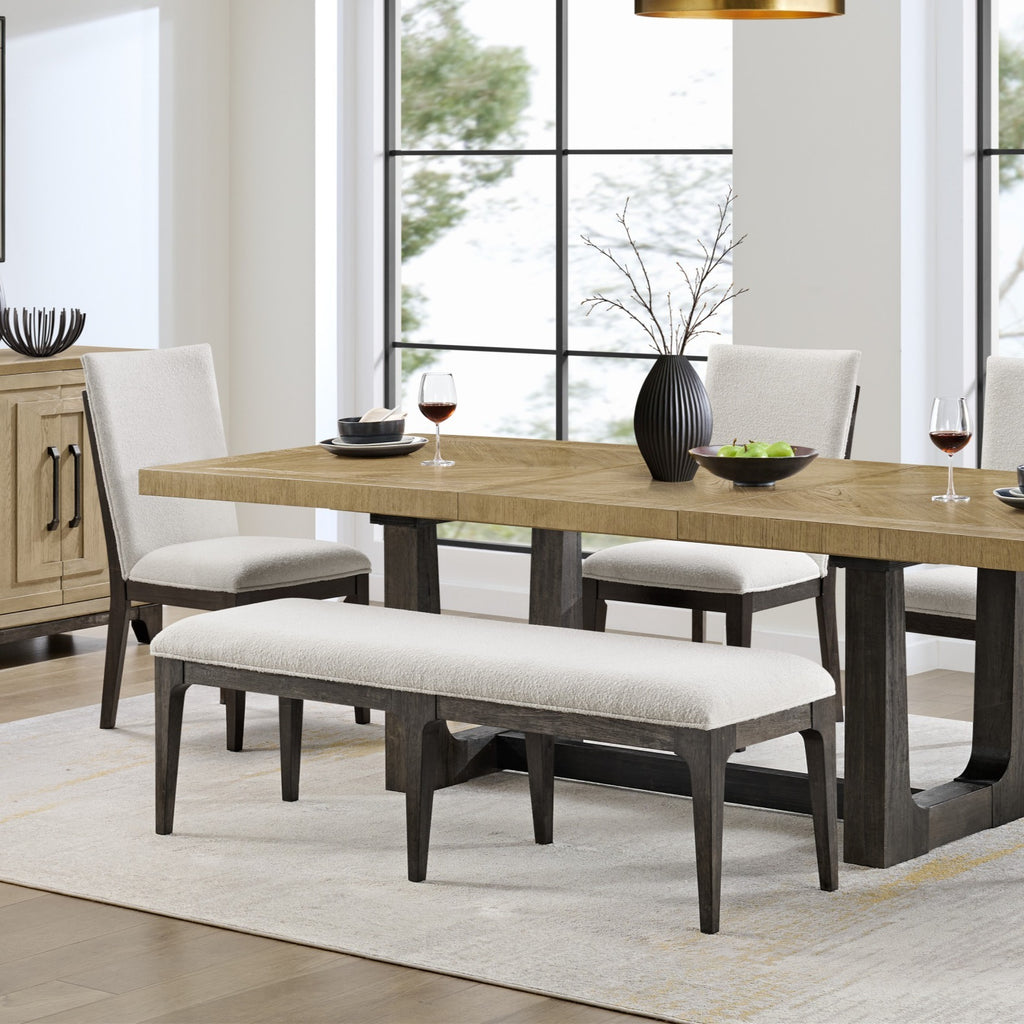 Brown Upholstered Bench with Cream Polyester Fabric, Wood Frame, 18.8' L x 60.8' W x 19.0' H - Grand Goldman Shop
