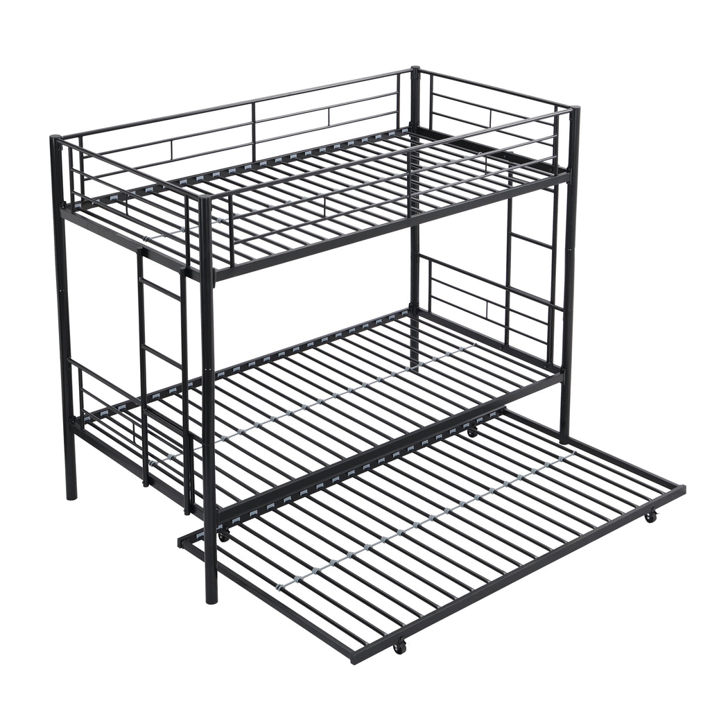 Modern Twin Over Twin Metal Bunk Bed with Trundle Black Durable Space-Saving Design - Grand Goldman Shop