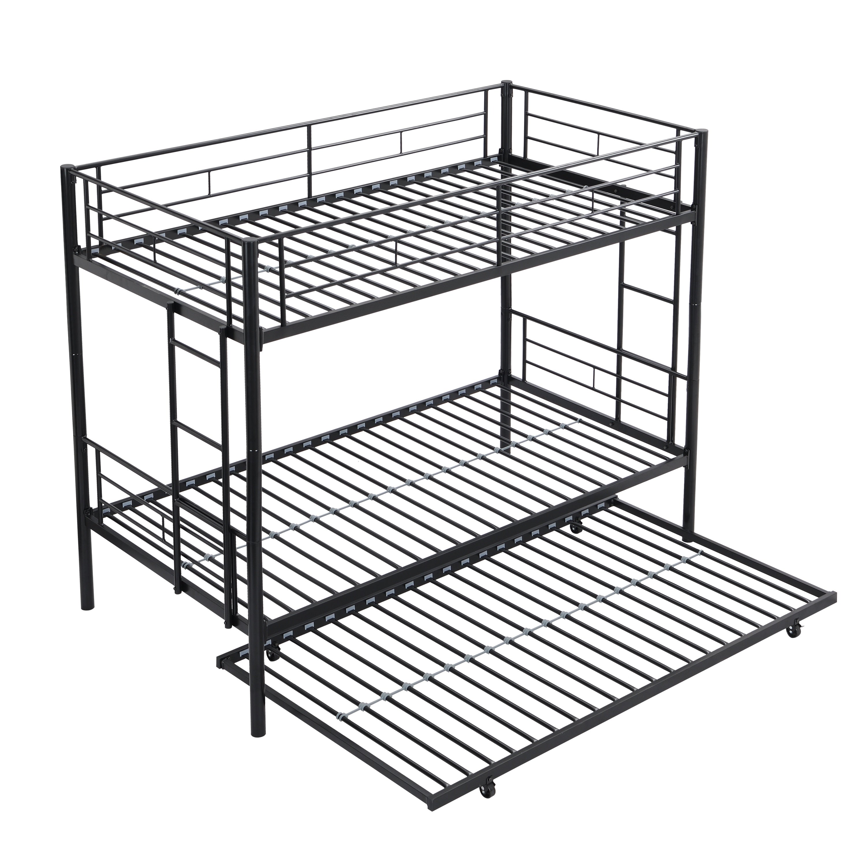 Modern Twin Over Twin Metal Bunk Bed with Trundle Black Durable Space-Saving Design - Grand Goldman Shop