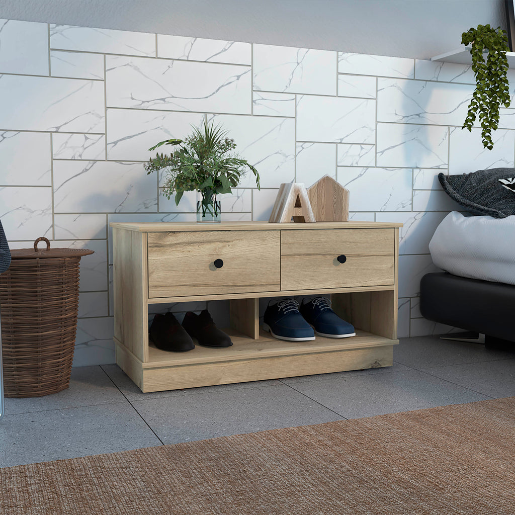 Hamilton Storage Bench, Two Open Shelves, Two Drawers -Light Oak - Grand Goldman Shop