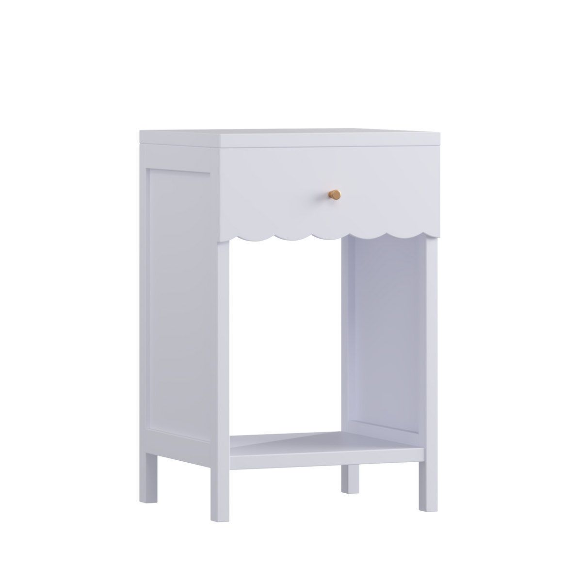Modern Nightstand with Drawer and Open Shelf, Scalloped Edge Bedside Table in Light Purple, Minimalist Side Table for Kids Room or Girls' Room, Engineered Wood, 16.93 x 14.96 x 26.77 inches - Grand Goldman Shop