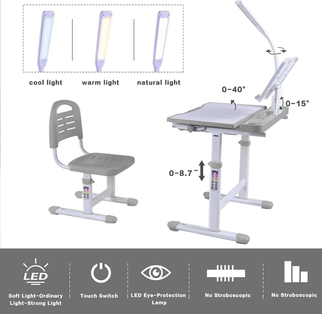 Desk for Kids Desk and Chair Set Kids Art Desk Drafting Table Desk Set with Adjustable Height, 40-Degree Tiltable Children De