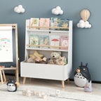 Kids Bookshelf White MDF and Pine Legs Book Organizer with Toy Storage, 26.77 x 12.60 x 36.61 inches - Grand Goldman