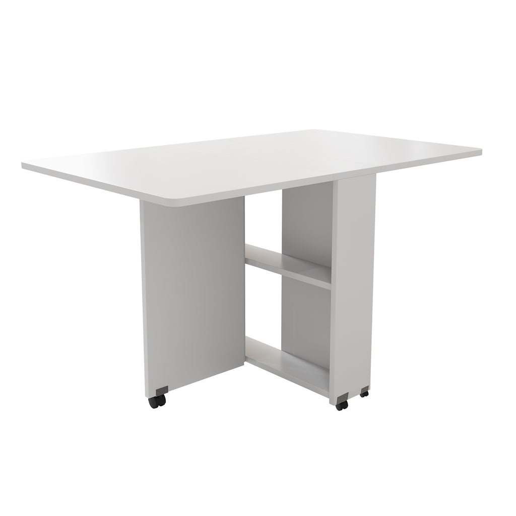 Folding Drop Leaf Dining Table with 6 Wheels and 2-Layer Storage Shelf, Space Saving Table for Small Spaces, 47.2 inch D x 23.6 inch W x 30.3 inch H, White - Grand Goldman Shop
