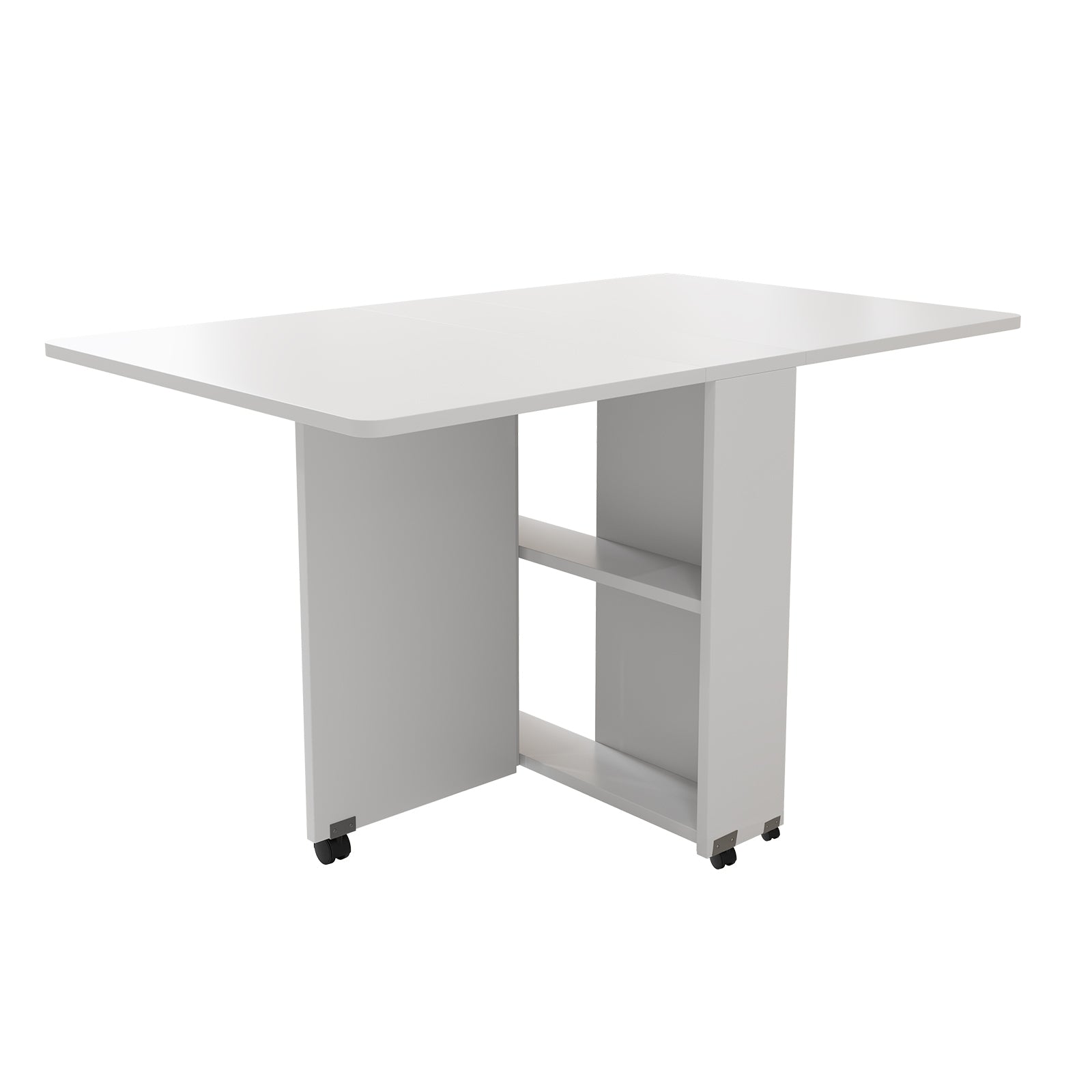 Folding Drop Leaf Dining Table with 6 Wheels and 2-Layer Storage Shelf, Space Saving Table for Small Spaces, 47.2 inch D x 23.6 inch W x 30.3 inch H, White - Grand Goldman Shop