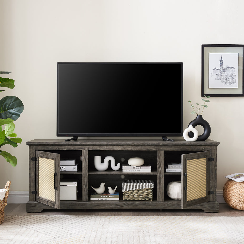 Farmhouse Rattan TV Stand Console Table for TVs up to 70 Inches, TV Console Table with 2 Storage Shelves, 2 Natural Rattan Door Cabinets, 65'W*15.55'D*23.86'H, Gray - Grand Goldman Shop